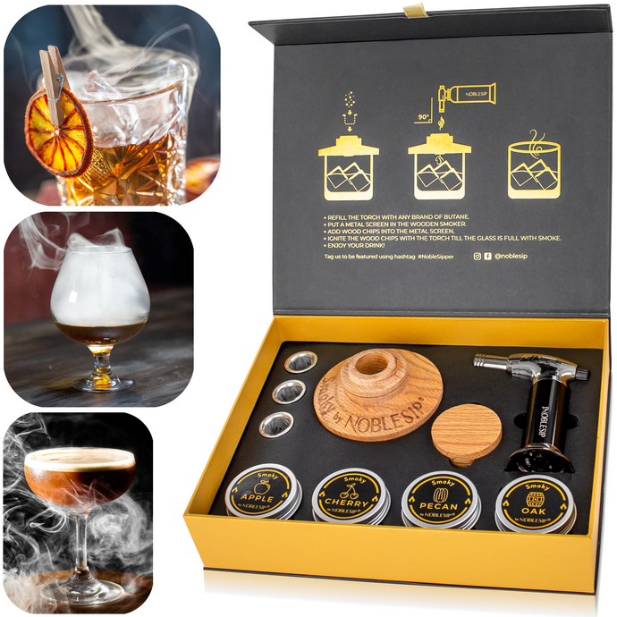 Cocktail Smoker Kit 𝗣𝗥𝗘𝗠𝗜𝗨𝗠 Smoky by NOBLESIP - All you need to Smoke Whiskey, Bourbon, Scotch, Old Fashioned and all your Favorite Cocktails. Complete Bar Kit in a designer gift box with cocktail recipe cards