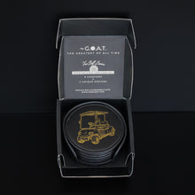 Load image into Gallery viewer, NOBLESIP Coaster GOLF Theme Set of 6, Premium Black with Gold Designs, Decorative Bar Accessories for Golf Enthusiasts. The G.O.A.T. Coasters, a great Christmas gift, stocking stuffers for golfers. A great New Year home bar gift!