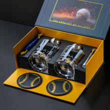 Load image into Gallery viewer, NOBLESIP Whiskey Bourbon BASEBALL Glasses 𝗣𝗥𝗘𝗠𝗜𝗨𝗠 New Father's Day gift - Set: 2 Glasses, 2 Steel Chilling Balls, 2 Coasters. The best way for a Baseball Player, Coach, or Fan to enjoy his old fashioned drinks
