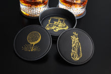 Load image into Gallery viewer, NOBLESIP Coaster GOLF Theme Set of 6, Premium Black with Gold Designs, Decorative Bar Accessories for Golf Enthusiasts. The G.O.A.T. Coasters, a great Christmas gift, stocking stuffers for golfers. A great New Year home bar gift!
