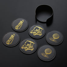 Load image into Gallery viewer, NOBLESIP Coaster GOLF Theme Set of 6, Premium Black with Gold Designs, Decorative Bar Accessories for Golf Enthusiasts. The G.O.A.T. Coasters, a great Christmas gift, stocking stuffers for golfers. A great New Year home bar gift!
