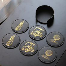 Load image into Gallery viewer, NOBLESIP Coaster GOLF Theme Set of 6, Premium Black with Gold Designs, Decorative Bar Accessories for Golf Enthusiasts. The G.O.A.T. Coasters, a great Christmas gift, stocking stuffers for golfers
