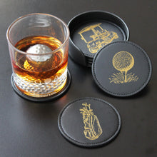 Load image into Gallery viewer, NOBLESIP Coaster GOLF Theme Set of 6, Premium Black with Gold Designs, Decorative Bar Accessories for Golf Enthusiasts. The G.O.A.T. Coasters, a great Christmas gift, stocking stuffers for golfers
