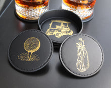 Load image into Gallery viewer, NOBLESIP Coaster GOLF Theme Set of 6, Premium Black with Gold Designs, Decorative Bar Accessories for Golf Enthusiasts. The G.O.A.T. Coasters, a great Christmas gift, stocking stuffers for golfers
