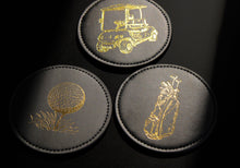 Load image into Gallery viewer, NOBLESIP Coaster GOLF Theme Set of 6, Premium Black with Gold Designs, Decorative Bar Accessories for Golf Enthusiasts. The G.O.A.T. Coasters, a great Christmas gift, stocking stuffers for golfers. A great New Year home bar gift!
